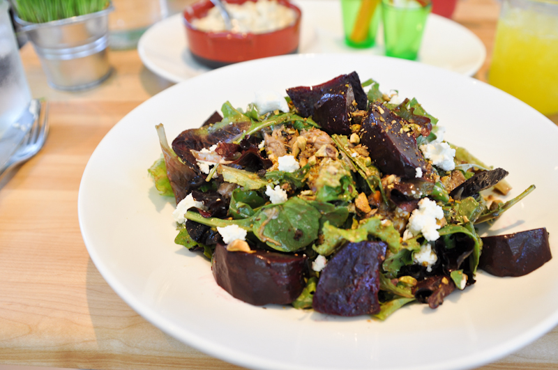 Vinaigrette >> Girl Eats World” width=”800″><br><strong>The Beet Goes On</strong>; baby greens and arugula tossed with tangy goat cheese, chopped pistachios, balsamic roasted beets and honey-balsamic vinaigrette; $11.95. With Duck Confit, additional $7.50.</center>



<div class=