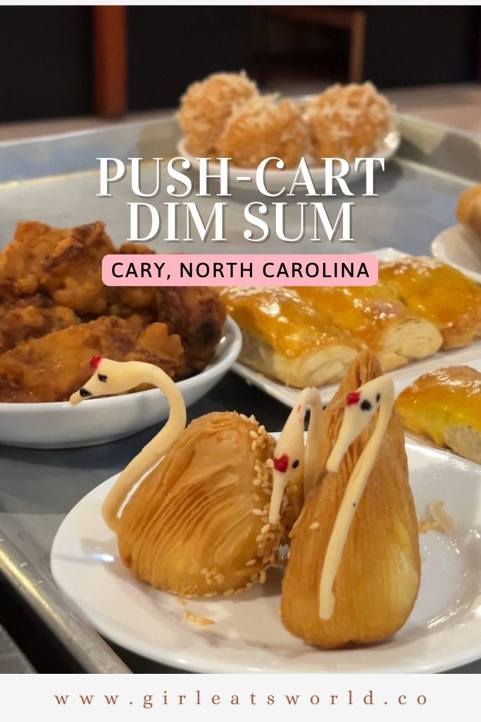 Photo with header: "Push Cart Dim Sum, Cary, North Carolina"  Swan-shaped pastries in the foreground with some generic pastries in the background 